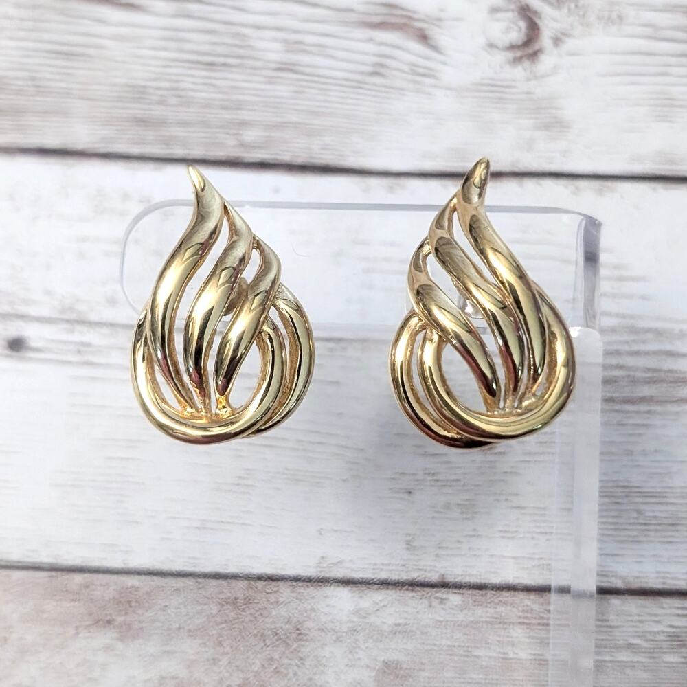 Vintage Stud Earrings Large Stylish Flame Design 1.25" Statement Gold Tone